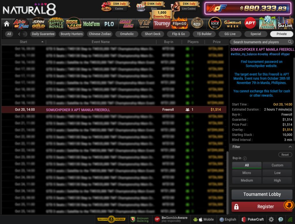 APT Manila SoMuchPoker Freeroll Lobby